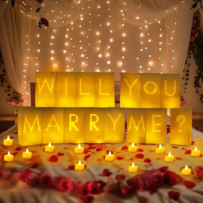 Homemory Will You Marry Me Light Up Letters Proposal Decorations with Flameless Candles and 2000 Fake Rose Petals, Valentine's Day Luminary Bags Decorations for Wedding Engagement