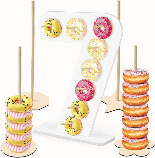 5 Pcs Donut Stand Set, Doughnut Party Supplies Include 1 Pc Digit Donut Wall Display Stand, 4 Pcs Doughnut Wall,for Birthday, Wedding, Baby Shower, Party (White number 7)
