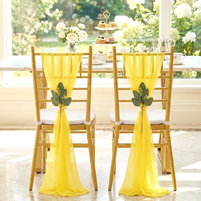 Yellow Chair Sashes Wedding Aisle Decorations: 50 Packs 8ft Long Draping Fabric Sheer Church Chair Cover Bulk for Party Banquet