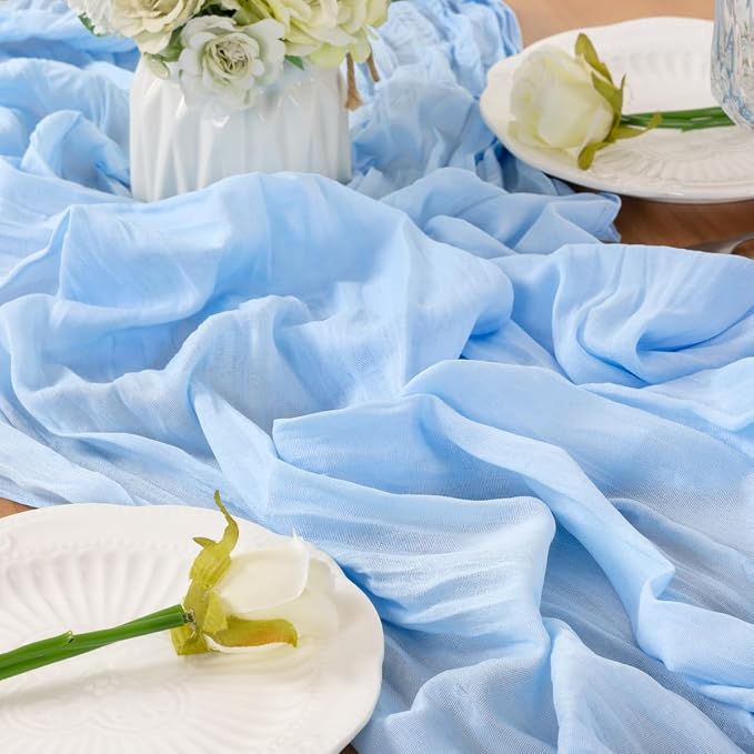 LINXTAR Light Blue Cheesecloth Table Runner 4 Pack 160 Inches 14Ft Gauze Summer Boho Table Runner for Wedding Tea Party Baby Shower Bridal Birthday Home Decoration