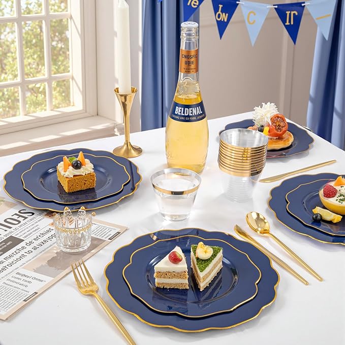 bUCLA 180PCS Blue Plastic Plates - Navy Blue and Gold Rim Disposable Include 30 Each (Dinner & Dessert) Plates, 30 Knives, 30 Forks, 30 Spoons and 30 Cups, Ideal for Party, Gathering & Graduation