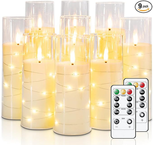 Raycare Flameless Candle with Remote Timer – 9 Flickering Acrylic Battery Operated LED Pillar Candles with Embedded Star String for Christmas, Wedding, Home Decor, and as a Gift (Ivory White)