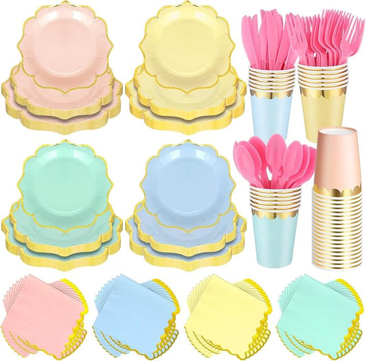 Yaomiao 168 Pcs Pastel Scalloped Paper Plates Cups Napkin with Gold Foil Pastel Party Disposable Dinnerware Set Easter Party Supplies Serve 24 Guests Macaron Princess Birthday Baby Shower Decorations