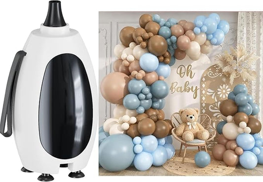 Electric Balloon Pump & Blue Brown Balloon Garland Arch Kit – Portable Balloon Inflator with 6 Nozzles and Dusty Blue Coffee Brown Sand White Balloons for Boy Bear Baby Shower Wedding Boho Birt