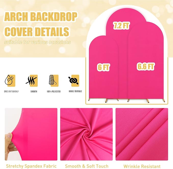FUHSY Arch Covers Set of 3 Wedding Arch Stand Cover Hot Pink Arch Covers Stretchy Backdrop Round Top Chiara Backdrop Covers Arch Wall for Birthday Bachelor Bridal Shower Arbor Decor 6FT, 6.6FT, 7.2FT