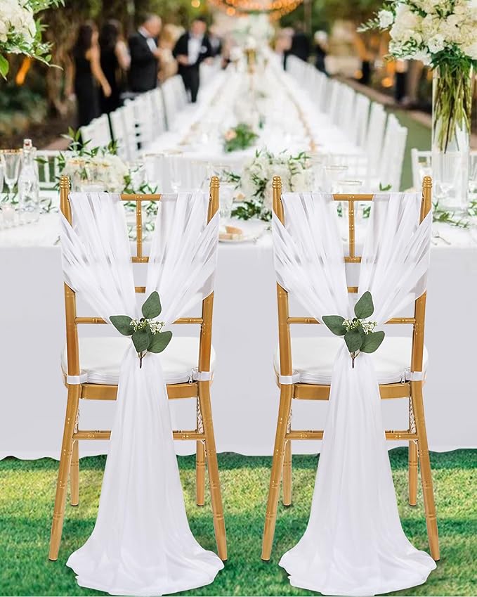 QueenDream White Sashes Wedding Chair Decorations: 50PCS Tulle Chair Cover Bands Aisle Sheer Chairs Bows for Indoor Outdoor Ceremony Banquet