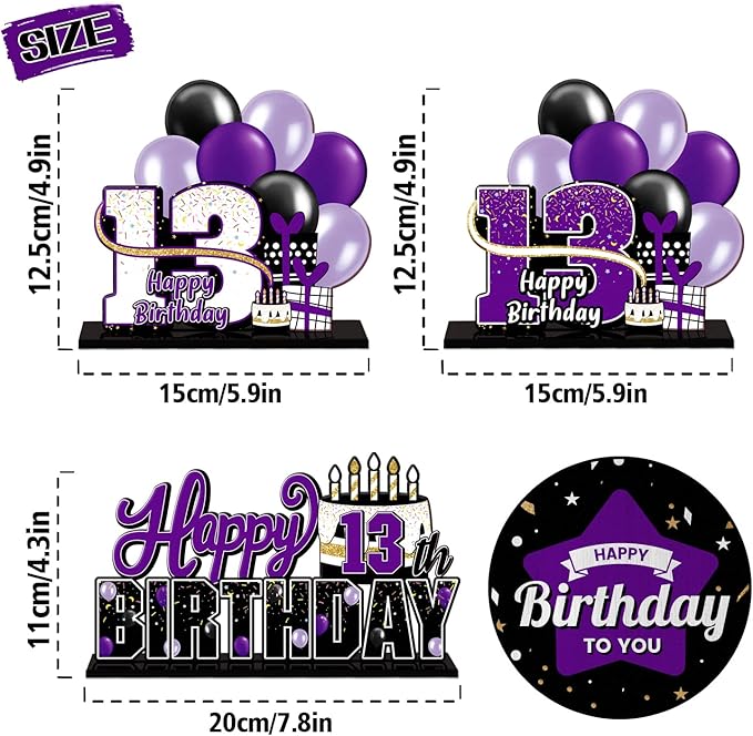 LINGTEER Happy 13th Birthday Purple Acrylic Table Topper Centerpieces Set - Cheers to Thirteen Years Old Birthday 13th Bday Party Gift Decorations.