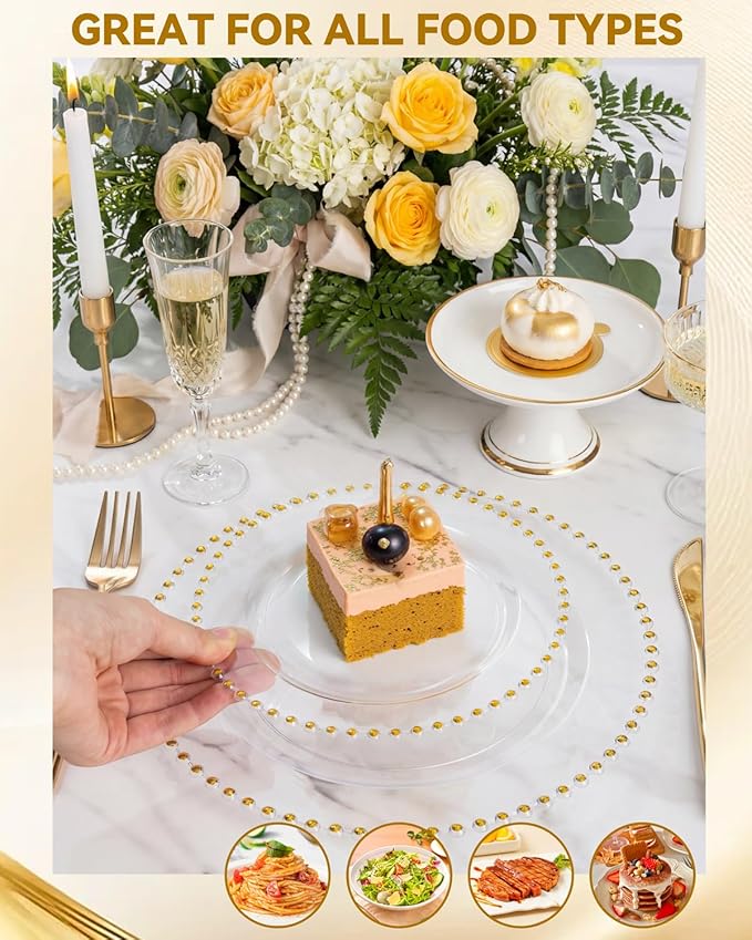 supernal 180Pcs Clear Gold Dinnerware Set,Premium Heavy Duty Clear Plastic Plates with Gold Beads,Clear Disposable Plates with Plastic Silverware and 10oz Cups for Wedding/Party/Valentine's Day