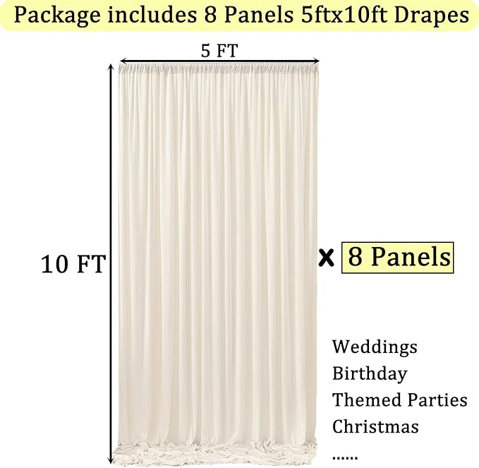 40ft x 10ft Wrinkle Free Ivory Backdrop Curtains for Parties, 8 Panels 5x10ft Polyester Ivory Backdrop Drapes for Wedding Birthday Photography Background Decoration