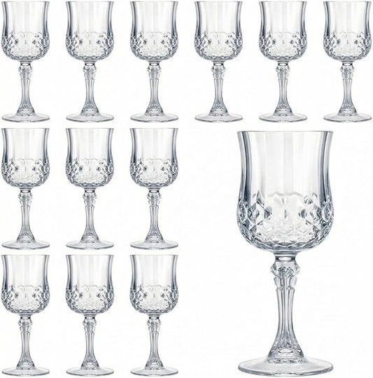 Pinkunn 12 Pcs 7 oz Plastic Vintage Wine Glasses Reusable Colored Goblets Patterned Drinking Water Glasses Cup Dishwasher Safe for Mother's Day Wedding Reception Party Supplies (Clear)