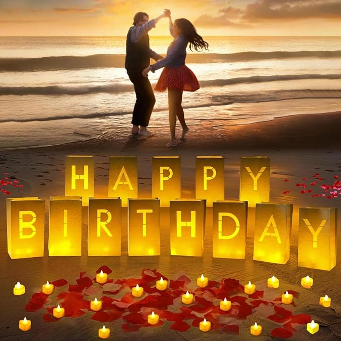 Happy Birthday Decorations for Women Men, Light Up Letters Luminary Bags with 30PC Bright LED Candles and 2000PC Fake Rose Petals, Surprise Birthday Party Banner Signs