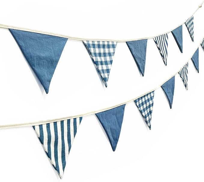 2 Sets Blue Pennant Banner Flags 24Pcs Blue Plaid Striped Nursery Garland Linen Fabric Triangle Streamers for Baby Playroom Decor Boys Nautical Checkered Birthday Baby Shower Party Decorations