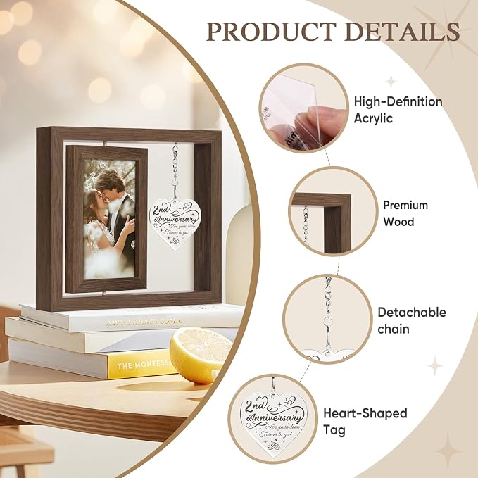 2 Year Anniversary Picture Frame Gifts for Him Her Couple Men Women Husband Wife Boyfriend Girlfriend,Best 2nd Anniversary Wood Cotton Gifts, Two Year Second Anniversary Wedding Gift