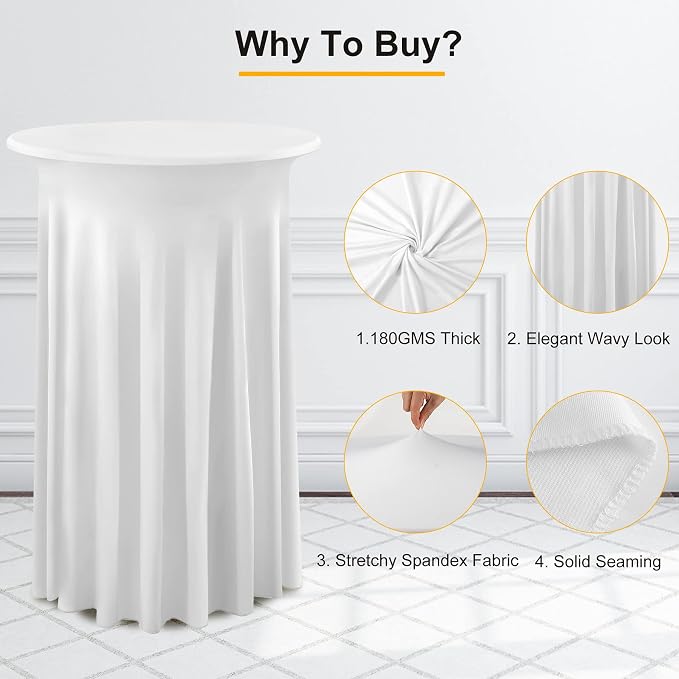 4 Packs White Round High Top Table Cloth 24inch×43inch Stretchy Wrinkle Free Highboy Cocktail Spandex Table Covers for Cocktail Party Wedding Banquet Baby Shower Baptism Decor