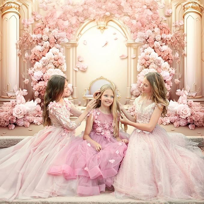 5x3ft Pink Floral Wall Backdrop Girls Rose Bridal Shower Palace Wedding Anniversary Flowers Baby Shower Party Decorations Photography Background Photo Shoot Props