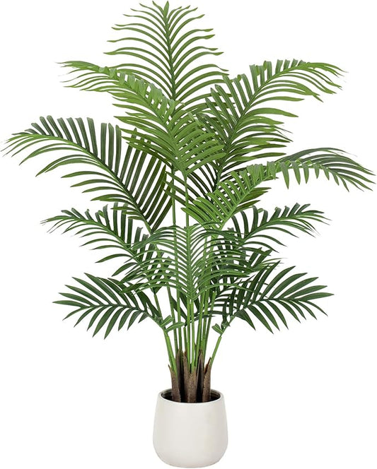 4ft Artificial Palm Tree Tall Faux Palm Tree Indoor Large Fake Plants with 12 Trunks Artificial Plants with White Pot Lifelike Leaves for Home Office Decor Living Rooms Bedrooms