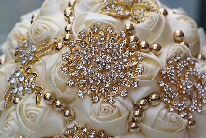 Gold Brooch Bridal Wedding Bouquet for Bride Bridesmaid Quinceanera with Bling Rhinestone Pearl Satin Rose Flower Bouquet Wedding Ivory 8.3in