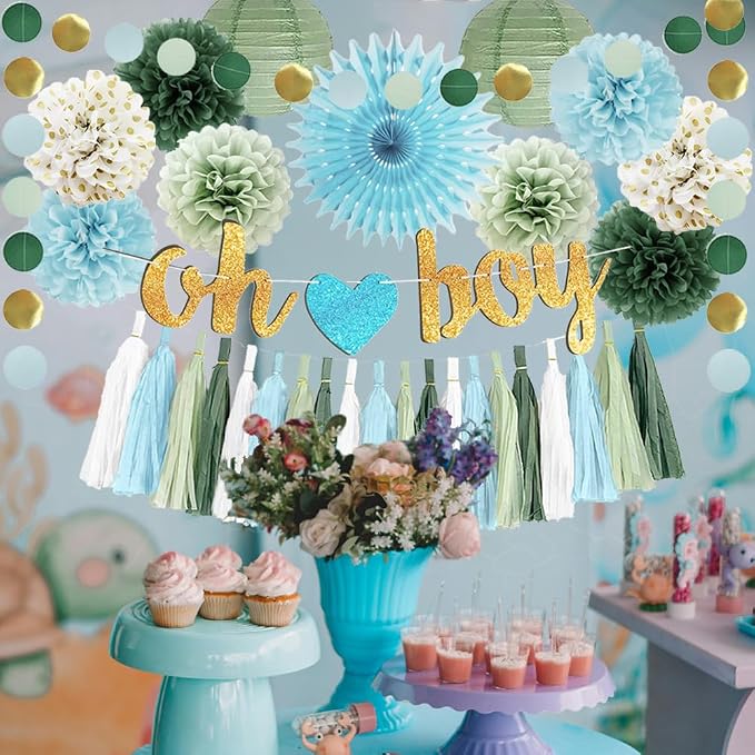 Sage Green and Blue Baby Shower Decorations Oh Boy Banner Sage Green Dusty Blue Tissue Paper Pom Poms Lanterns Paper Tassels Garland for Baby Boys Shower Party Decor