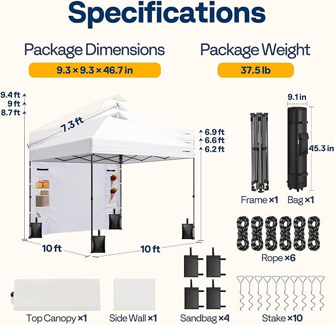VIVOHOME 10x10ft Pop Up Canopy Tent with Sidewall and 6 Pockets, One Push Setup Outdoor Portable Shelter Tent Heavy Duty with Wheel Carry Bag and 4 Sandbags, White
