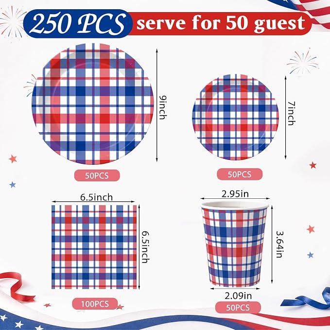 Pickmesh 250 Pcs Red White Blue Paper Plates and Napkins Set, 4th of July Patriotic Plaid Party Supplies Serves 50, 9" & 7" Plates with 9oz Cups and 6.5" Napkins for 250th Veterans Day Summer Party