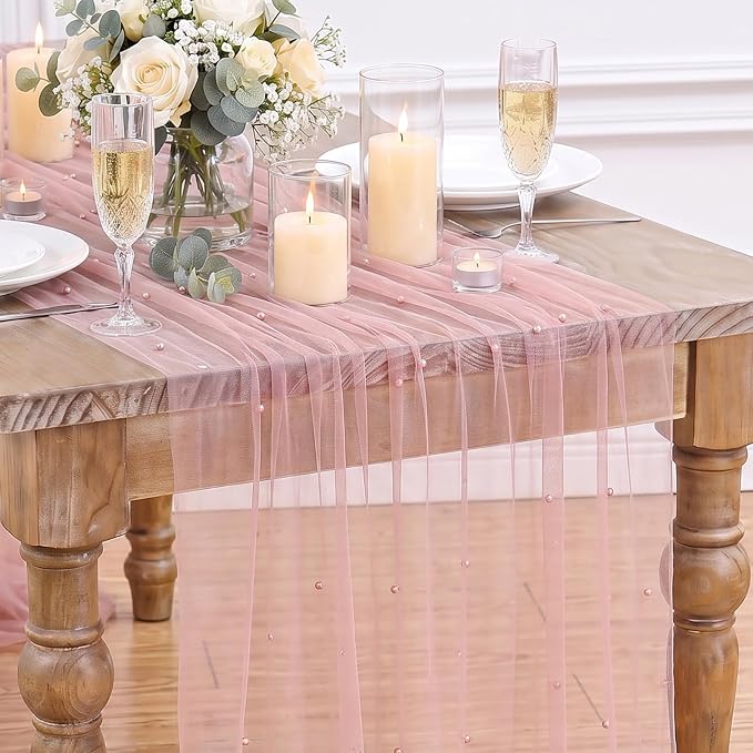 Gauze Table Runner Pearl Tulle Centerpieces Fabric: Blush Pink 10ft Wedding Veil Seasonal Dessert Chiffon Pearl Lace Boho Overlay Romantic Wedding Aisle Runner Party Decorations Doilies