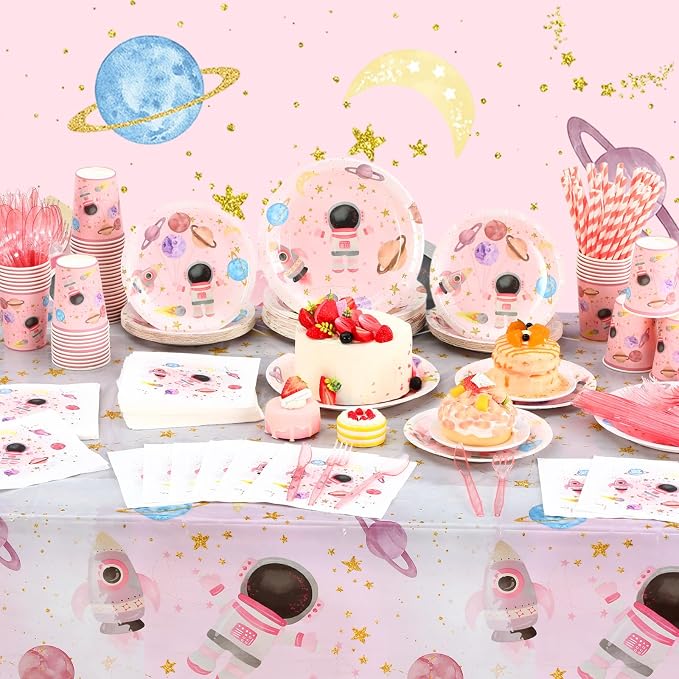Potchen 452 Pcs Party Supplies Serve 50 Guests, Paper Plates Napkins Cups Cutlery Plastic Tablecloth Dinnerware for Birthday Wedding Party Decoration (Light Pink, Space)