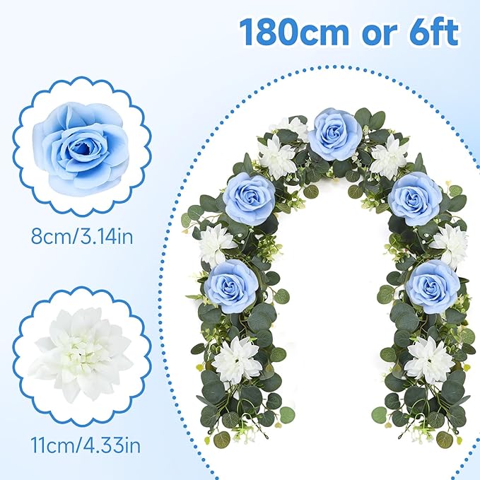 4 Pack Wedding Garland Set, Blue Rose & White Dahlia Hanging Flower Vines for Wedding Arch, Backdrop, Mantel, Home Decor (5.91ft)