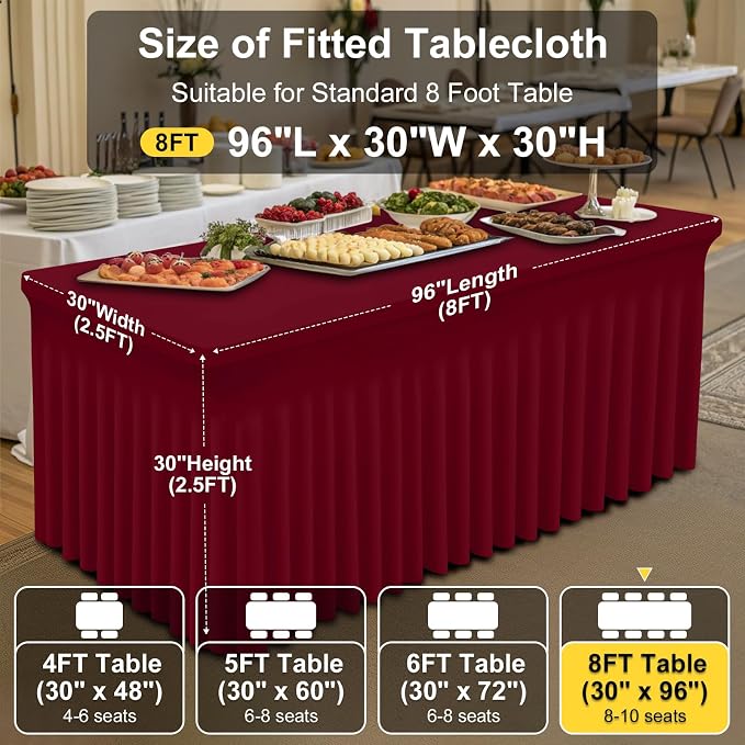 Smiry Spandex Tablecloth 2 Pack, Elastic Fitted Stretch Tablecloth for 8FT Rectangle Tables, Waterproof Washable Table Cover Skirt for Outdoor, Wedding, Banquet & Parties (Wine Red, 96Lx30Wx30H Inch)