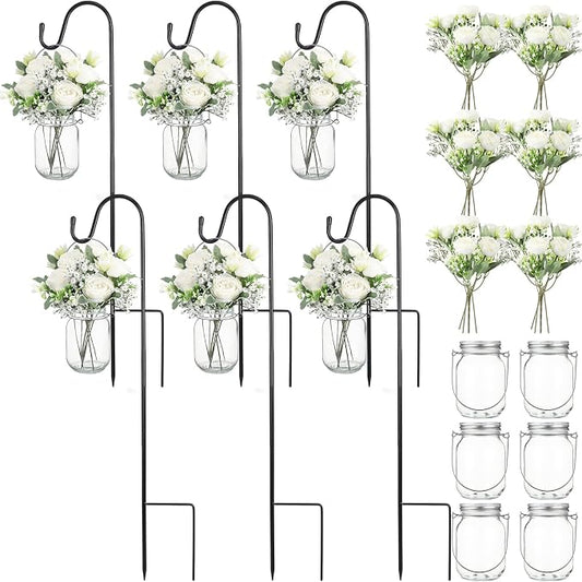 6 Sets Wedding Aisle Decorations with 16 oz Hanging Mason Jar Peonies Baby's Breath Flowers Vase 32" Shepherds Hooks Rustic Mason Jar with Faux Flower for Wedding Ceremony Outdoor Isle Decoration