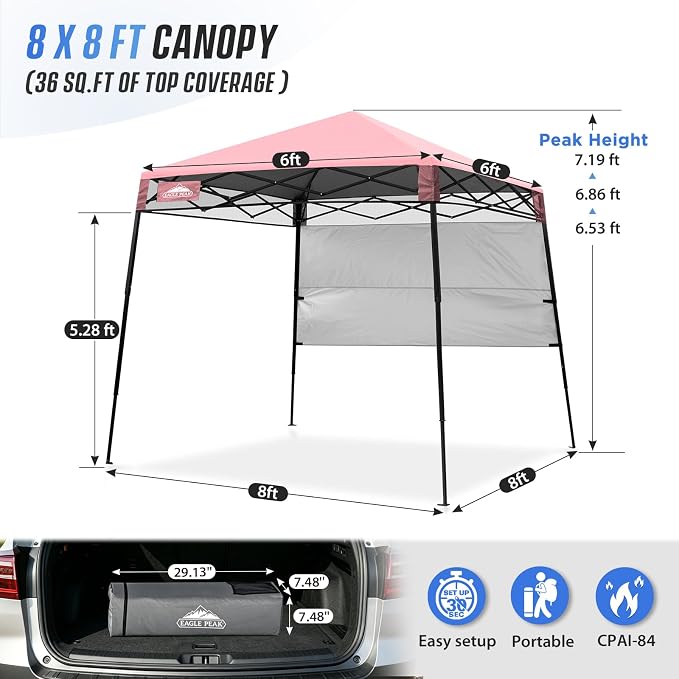 EAGLE PEAK 8x8 Pop Up Canopy Tent with Sidewall, Compact, Portable Slant Leg Instant Sun Shelter for Beach, Sports, & Camping, 8x8 Base 6x6 Top, Tender Pink