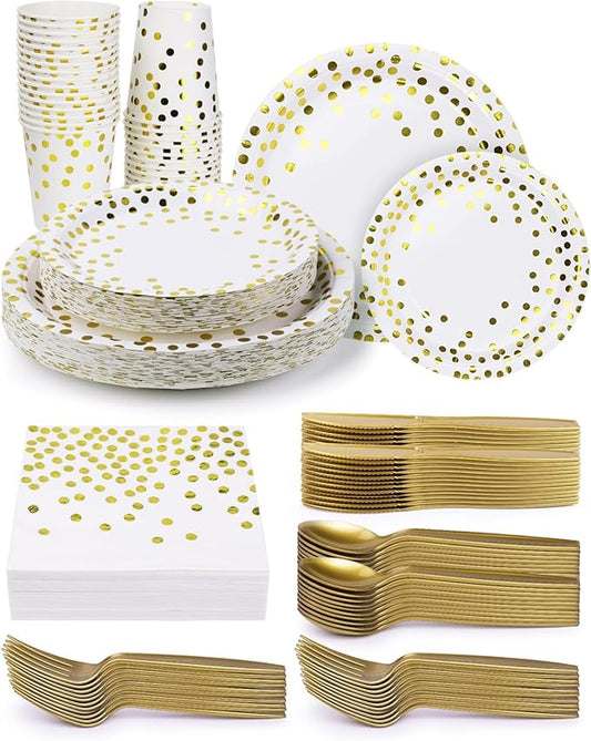 224 Pieces Party Supplies, White and Gold Dots Wedding Party Plates Cups and Napkins Sets with Plastic Knives forks spoons, Disposable Tableware Serves 32 Sets for Birthday, Graduation, Festivals