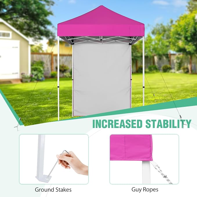 5x5 Pop Up Canopy Tent with One Sidewall, Instant Portable Beach Canopy, Outdoor Tent with Carry Bag for Camping, Sports, Tailgating, Events, Pink