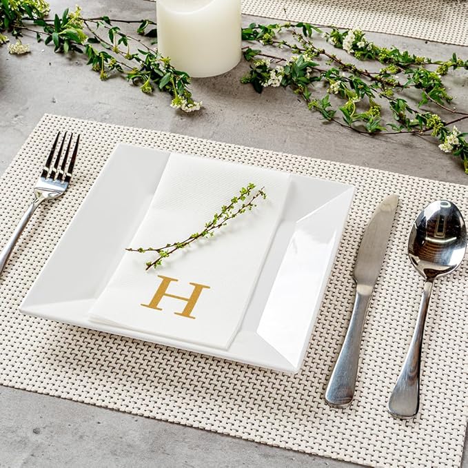 Luxenap 15.8 X 7.9 Inch Linen-Feel Guest Towels, 50 Lettered Hand Towels - Gold Letter 'H', Sans Serif Font, White Paper Dinner Napkins, airlaid, For Restrooms And Tables - Restaurantware