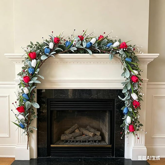 Artificial Valentine Garland Romantic Valentines Day Garlands Farmhouse Valentines Day Floral Garlands with Tulip Heart Berries for Mantle Table Stairs Indoor Outside Holiday (Patriotic)