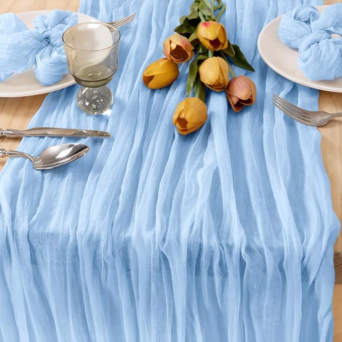 MLMC 8 Pack Baby Blue Table Runner Blue Baby Shower Decorations 10ft Rustic Gauze Light Blue Cheesecloth Table Runner 35x120 Inches for Gender Reveal Birthday Wedding Party Decor