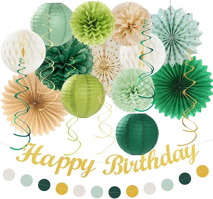 Sage Green Champagne-Gold Birthday Party-Decorations - 21pcs Happy Banner,Olive Retro Paper Lanterns Pom Poms,Rustic Boho Neutral Streamers Garland,Women Girls Boy Decor Supplies Huglony