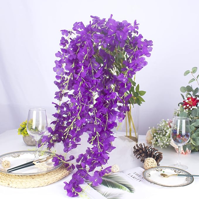 AITISOR 12 Pack Artificial Flowers Silk Wisteria Vine Ratta Hanging Flower (Blue)