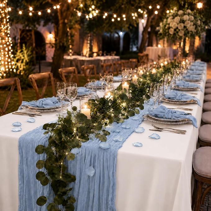 Cinrobiye 11PCS Boho Cheesecloth Table Runner Set with Rose Petals, 120'' Gauze Table Runner, Wrinkled Napkins, Eucalyptus Garland and String Lights for Wedding Baby Shower Tea Party Decorations