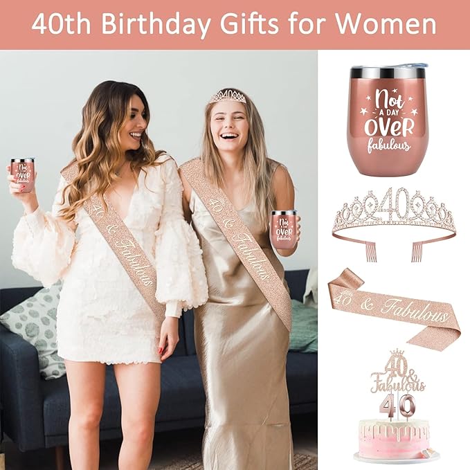 40th Birthday Decorations Gifts for Women Including Crown, Sash, Cake Topper, Candles and 12oz Wine Tumbler with Lid, 40th Birthday Gifts Women