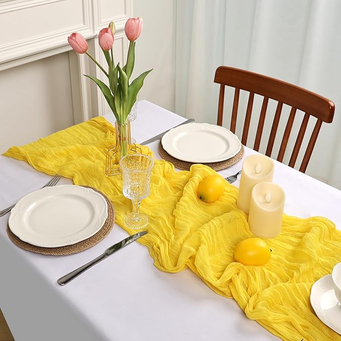 16 Pack Lemon Yellow Cheesecloth Table Runner 10ft Boho Gauze Fabric 120 Inch Cheese Cloth Table Runner Rustic Sheer for Holiday Baby Shower Party Décor Home Wedding Decoration