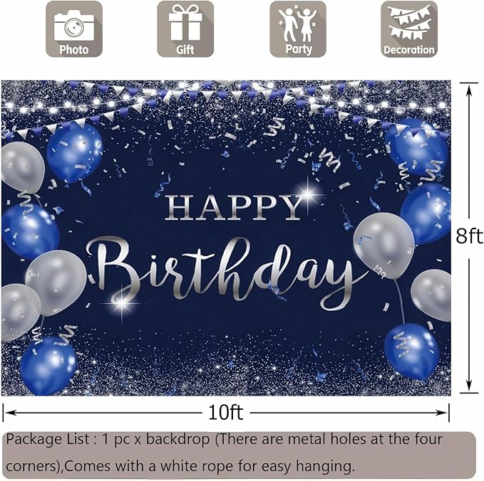 Happy Birthday Backdrop 10x8ft for Men Boys Navy Blue and Silver Happy Birthday Banner Decorations Large Birthday Party Photo Background Poster for Women Girls Supplies Polyester Fabric