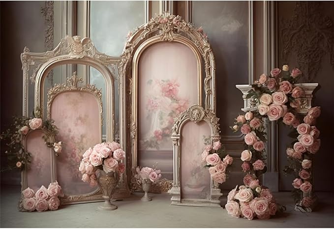 YongFoto European Retro Elegant Room Interior Wall Backdrop 8x6ft French Arched Oil Painting Frame Floral Vase Garland Photography Background Wedding Party Home Art Decor Portrait Photoshoot Props