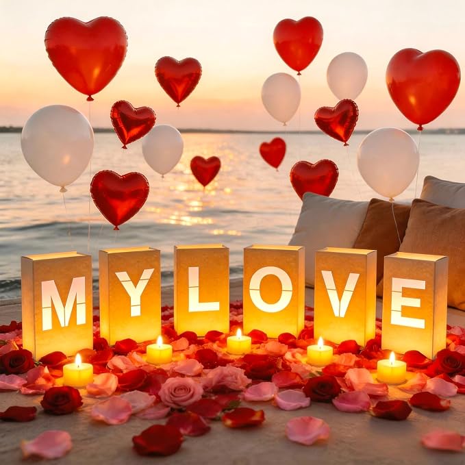 MY LOVE Light Up Letters, with Tea Lights Candles, Rose Petals, Pearlescent Foil Balloons - Luminary Paper Bags, Anniversary Decorations and Valentines' Day Decorations for Your Loved One