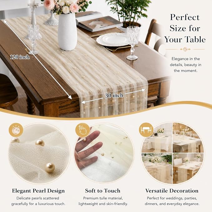 Pearl Champagne Gauze Pearl Table Runner 120 Inch 10FT, Seasonal Sheer Dining Holiday Wedding Birthday Baby Shower Tulle Summer Table Decor for Home Party