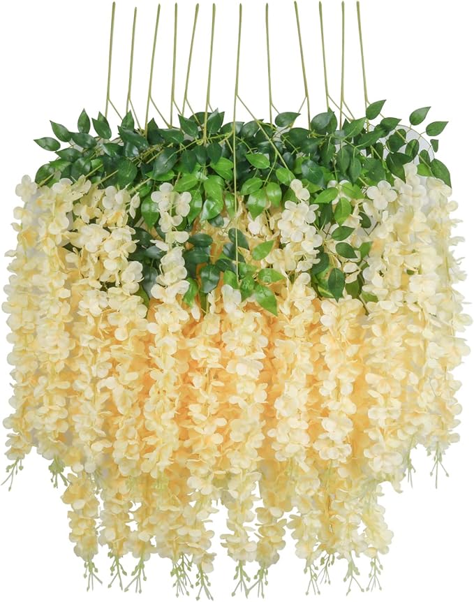 Pauwer Artificial Wisteria Flowers Vine Garland - 12 Pack Wedding Hanging Silk Flower String, Fake Ratta Garland, Champagne