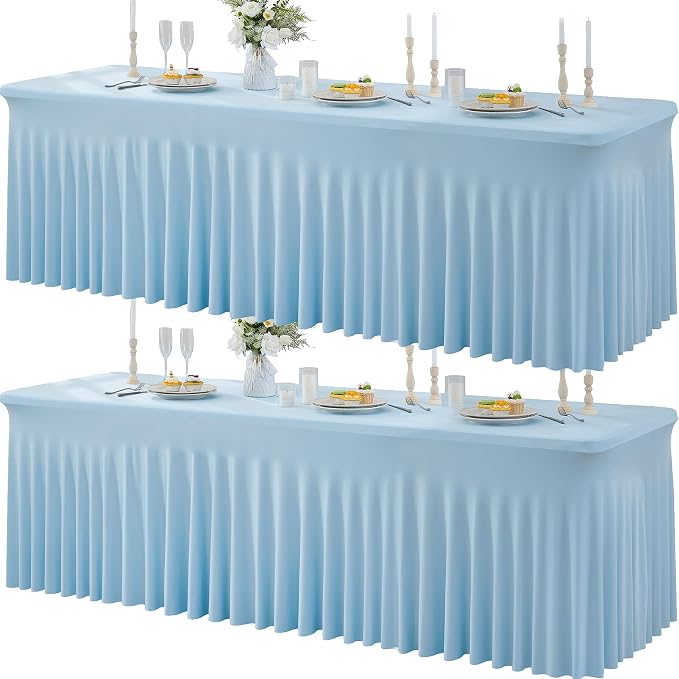 2 Pack Spandex Baby Blue Table Clothes for 8 Foot Rectangle Tables, Wrinkle Free Table Cloth 8ft Stretchy Tablecloths with Skirt for Parties Weddings Birthday Banquet Baby Shower