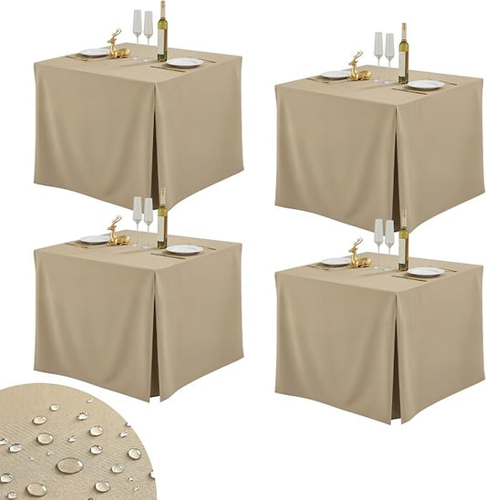 Shillance 4 Pack Khaki Square Tablecloth for 34x34 Inch Card Table Cover Waterproof Oil-Proof Spill-Proof Polyester Square Fitted Tablecloth for Wedding Parties Display Trade Show