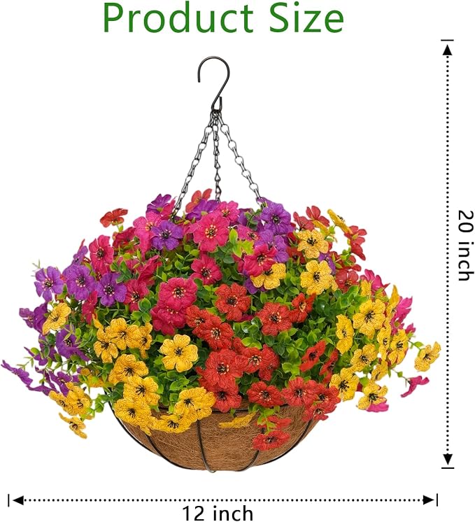 2 Set Artificial Outdoor Flowers with Hanging Basket for Garden Porch Patio Balcony Yard Home Decoration