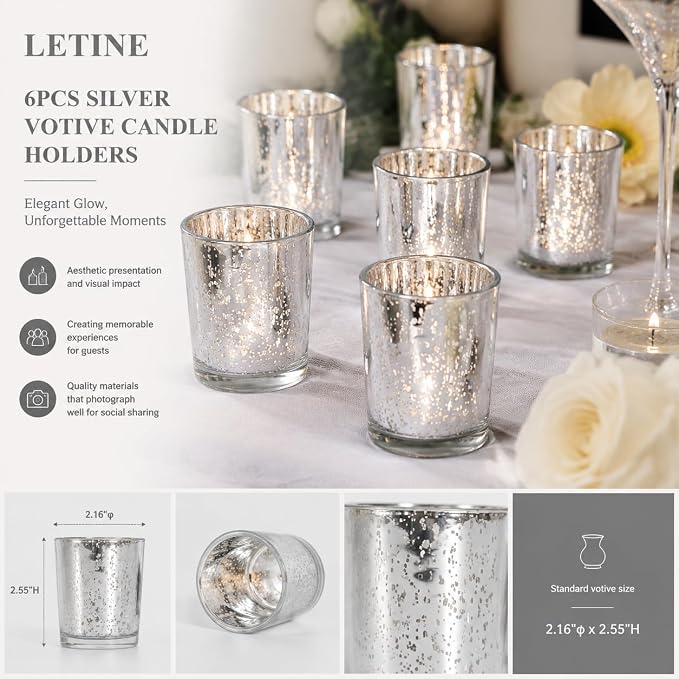 LETINE 6pcs Silver Votive Candle Holders – Standard Votive Size for Regular Votive Candles– Tea Light Candles Holder for Home Decor, Garden Party Decorations, Engagement Table Decorations