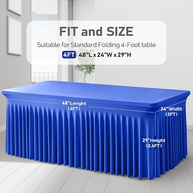 1 Pack Royal Blue Table Clothes for 4 Foot Rectangle Tables, One-Piece Wrinkle Resistant Stretch Spandex Table Covers with Skirt for Event Banquet Wedding Birthday Party